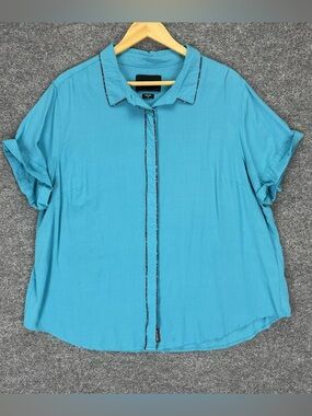 Wildfang The Empower Button Up Blouse Womens 1X Blue Floral Short Sleeve Rayon